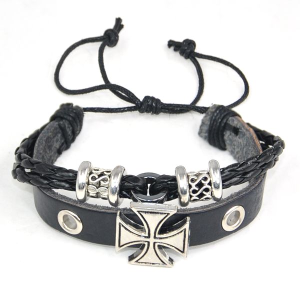 Black Roma Punk Leather maltese  charm Handcraft  cross  bracelet Wristband Cross Maltese Bracelet