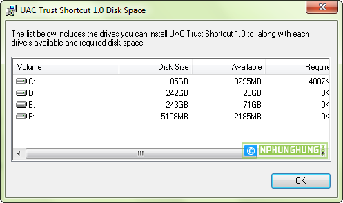 Disk Space dialog box
