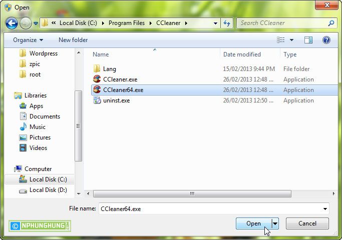Selecting the CCleaner64.exe file