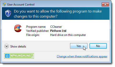 UAC dialog box for CCleaner